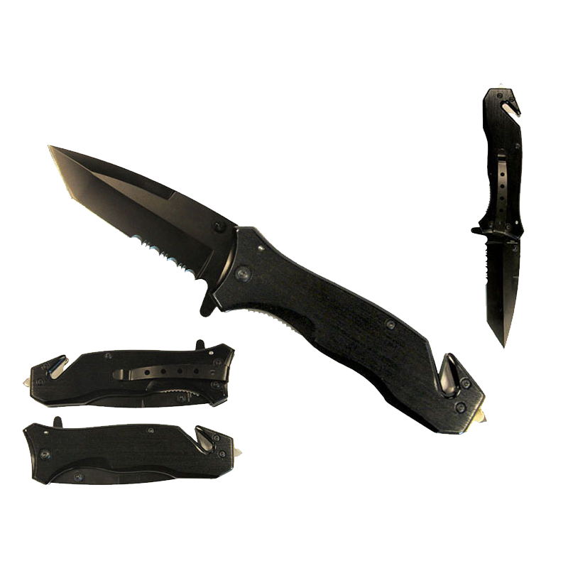 8" Black Folding Knife with seat belt cutter and glass breaker