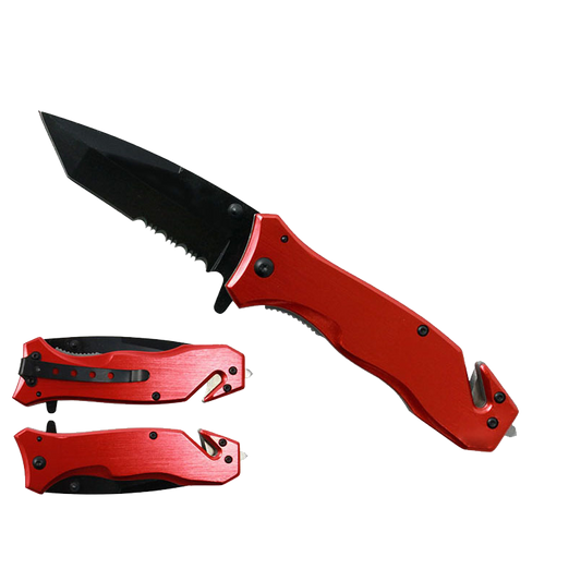 8" Red Pocket Knife with seat belt cutter and glass breaker