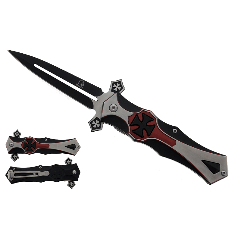 Falcon 8 1/2" Black & Red Cross Blade Spring Assisted Knife