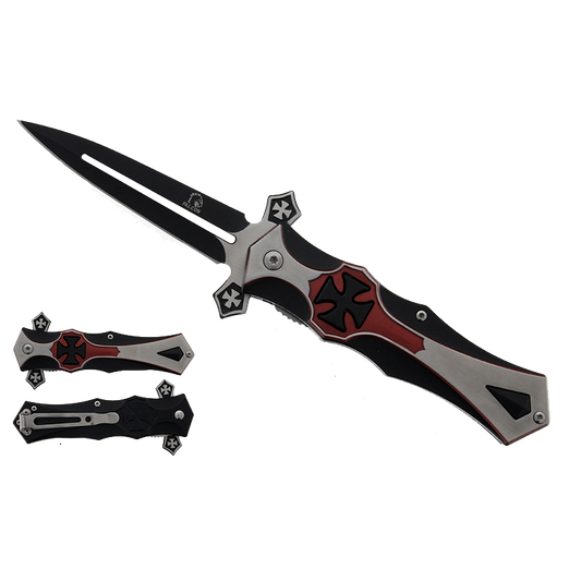 Falcon 8 1/2" Black & Red Cross Blade Spring Assisted Knife