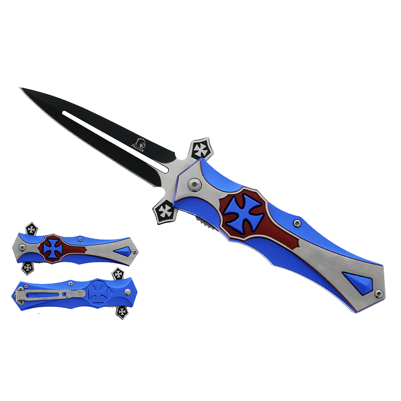 Falcon 8 1/2" Blue & Red Cross Blade Spring Assisted Knife