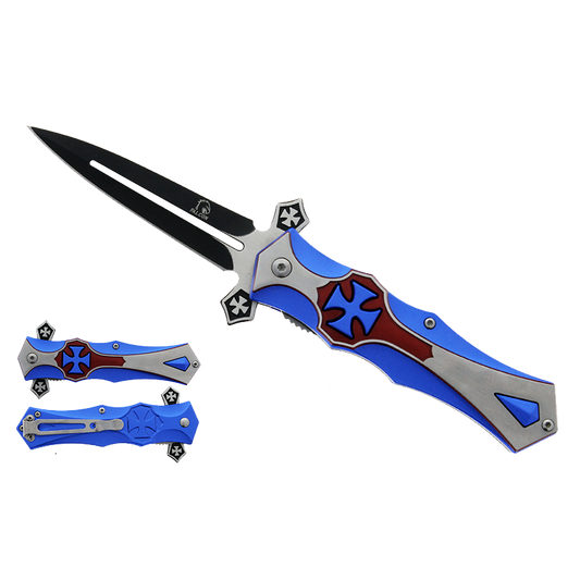 Falcon 8 1/2" Blue & Red Cross Blade Spring Assisted Knife