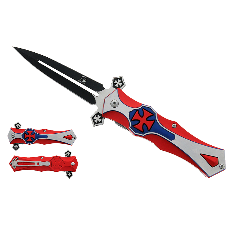 Falcon 8 1/2" Red and Blue Cross Blade Spring Assisted Knife