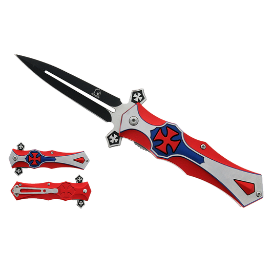 Falcon 8 1/2" Red and Blue Cross Blade Spring Assisted Knife