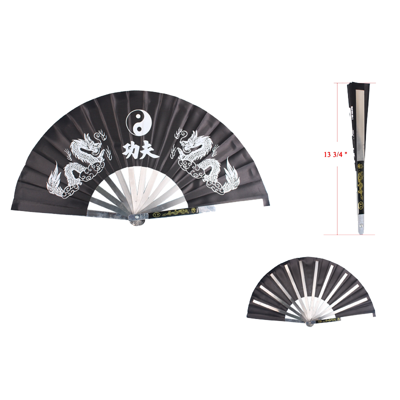 13 1/2" X 26" Steel black kung fu fan in black