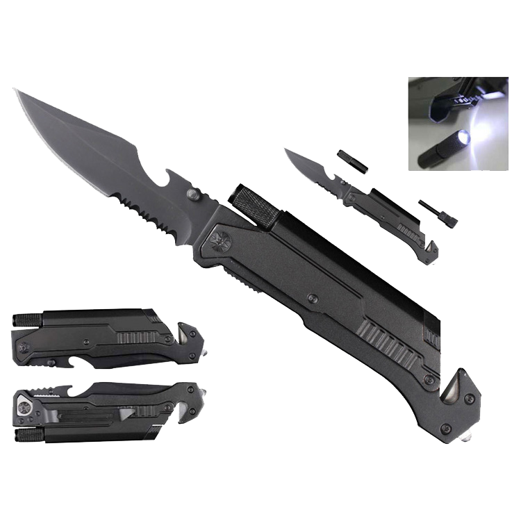 Pacific Solution multi-tool folding knife with Flashlight and fire starter features a sleek design and durable blade