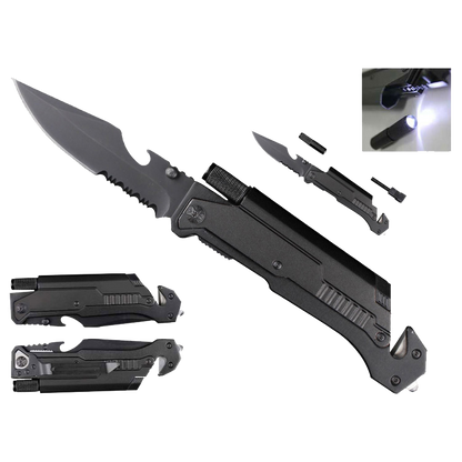 Pacific Solution multi-tool folding knife with Flashlight and fire starter features a sleek design and durable blade