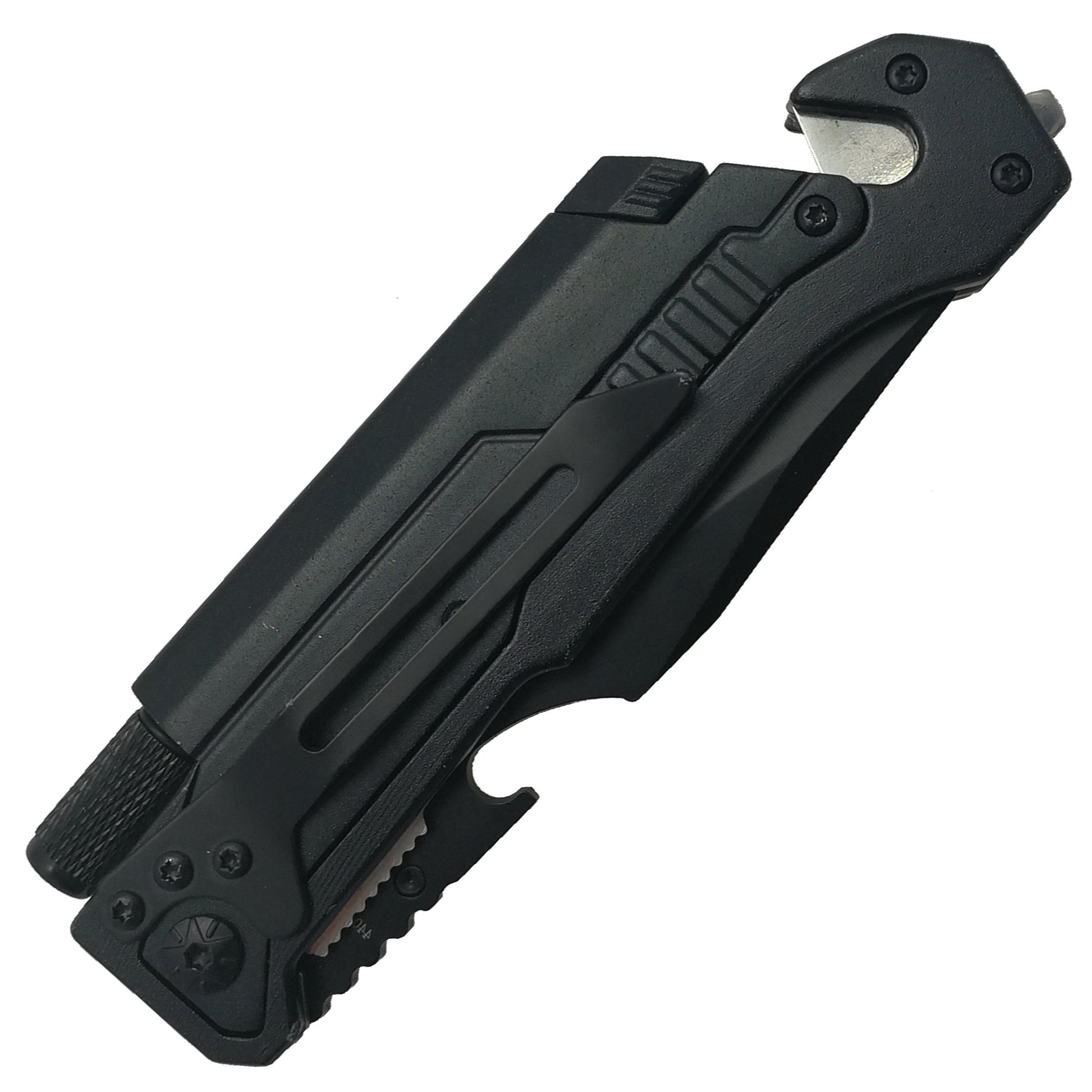 Pacific Solution multi-tool folding knife with flashlight and fire starter, featuring a compact design and versatile tools