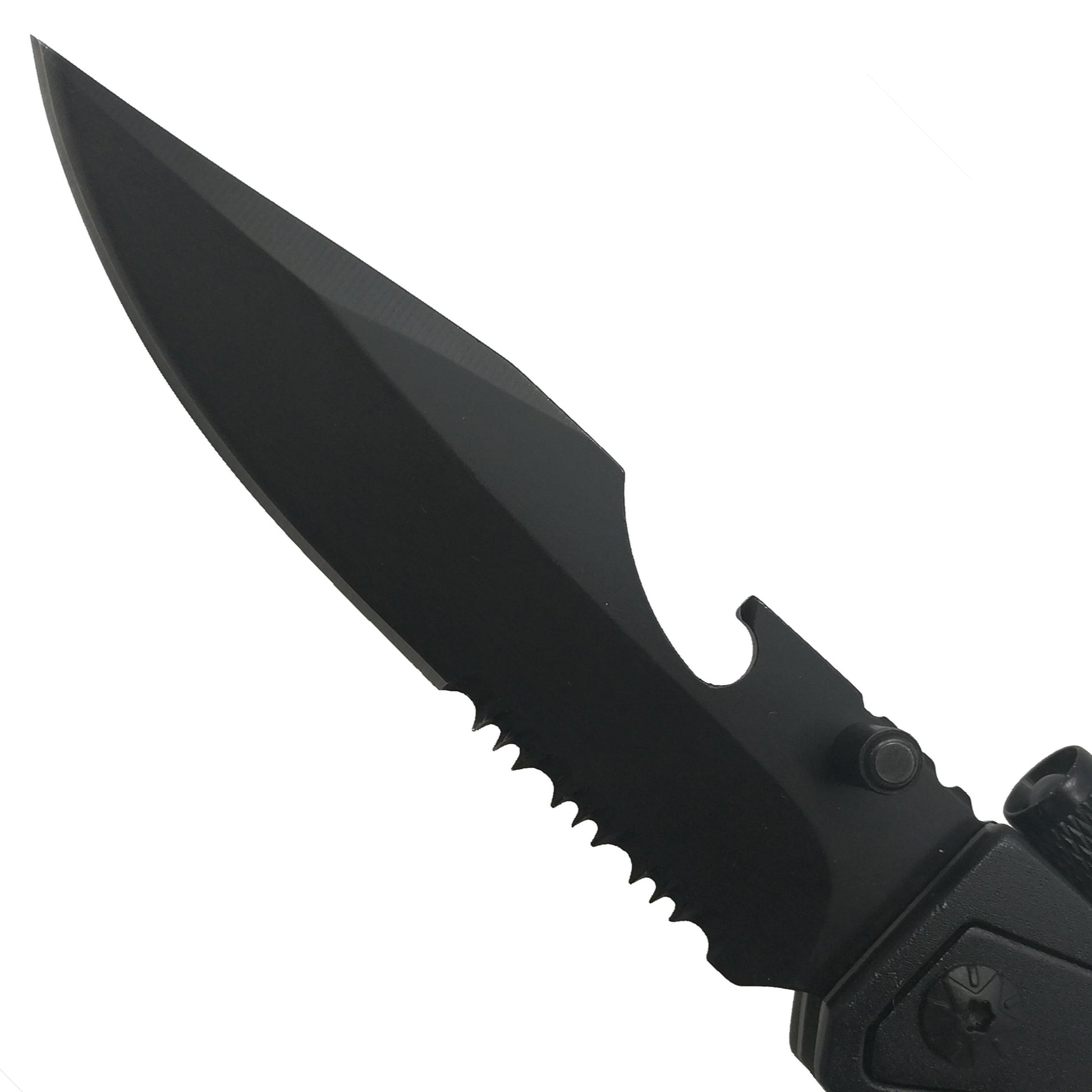 Pacific Solution multi-tool folding knife with Flashlight and fire starter features a durable black blade