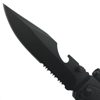 Pacific Solution multi-tool folding knife with Flashlight and fire starter features a durable black blade