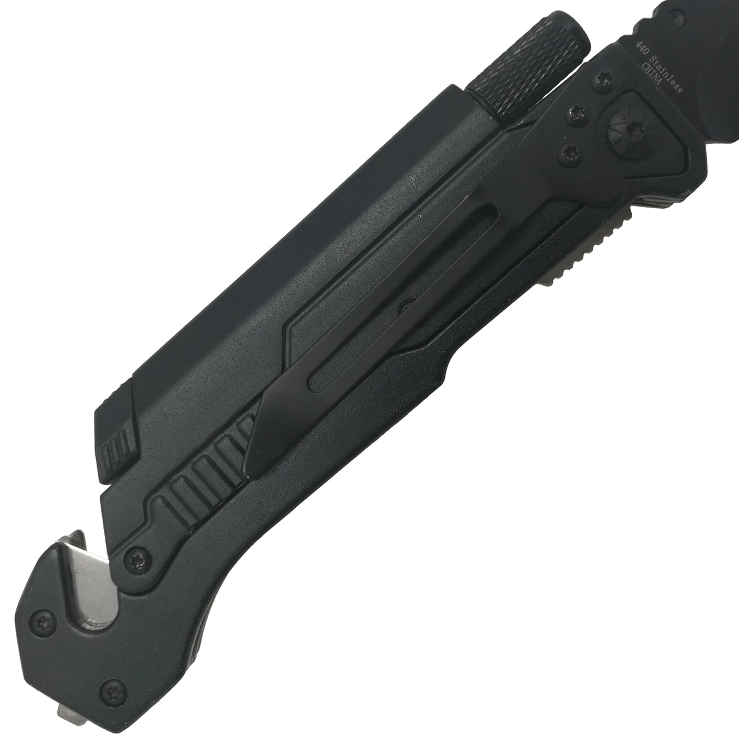 Pacific Solution multi-tool folding knife with flashlight and fire starter for outdoor enthusiasts