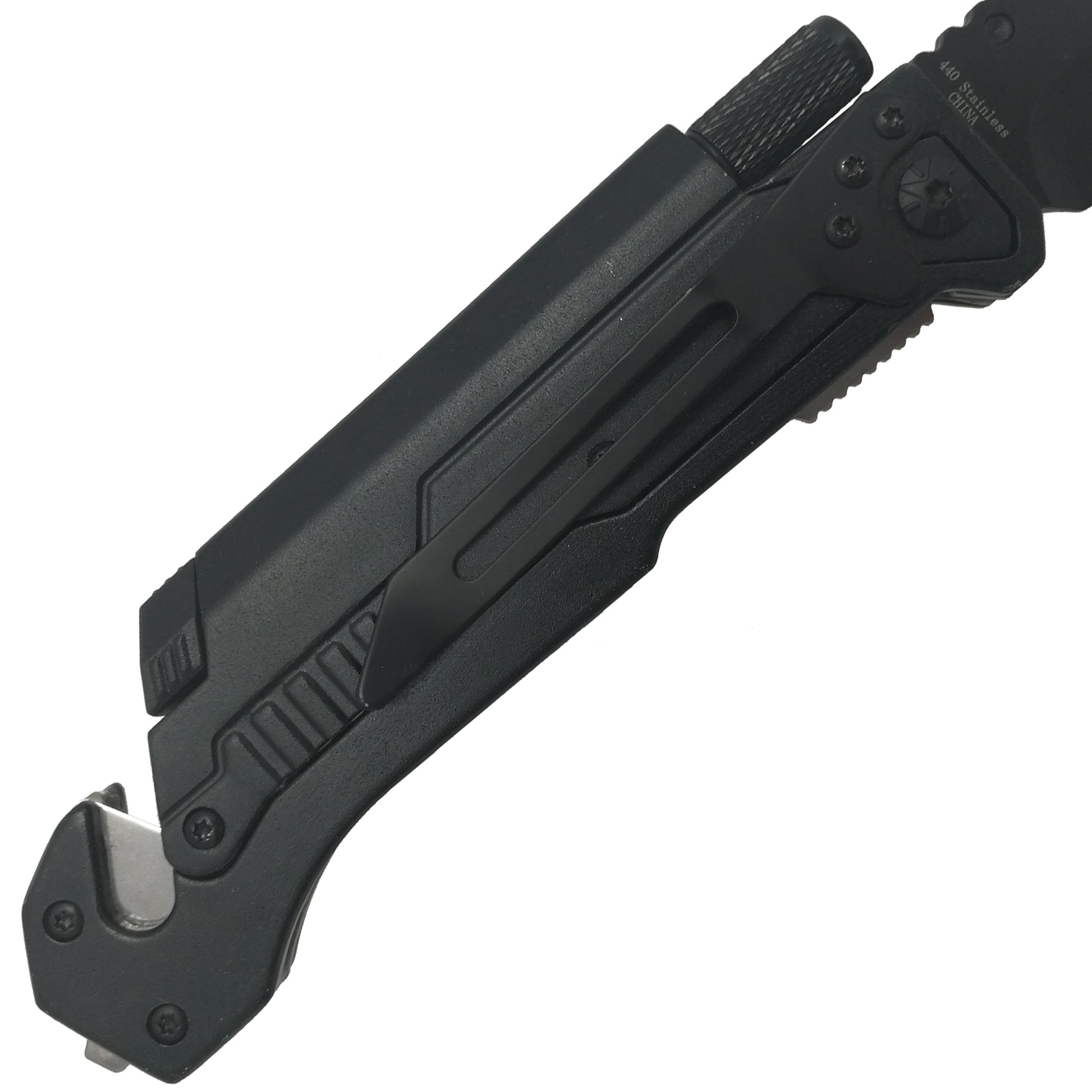 Pacific Solution multi-tool folding knife with flashlight and fire starter for outdoor enthusiasts