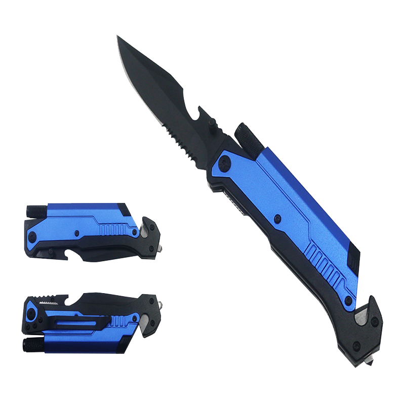 Pacific Solution multi-tool folding knife with flashlight and fire starter in blue and black design