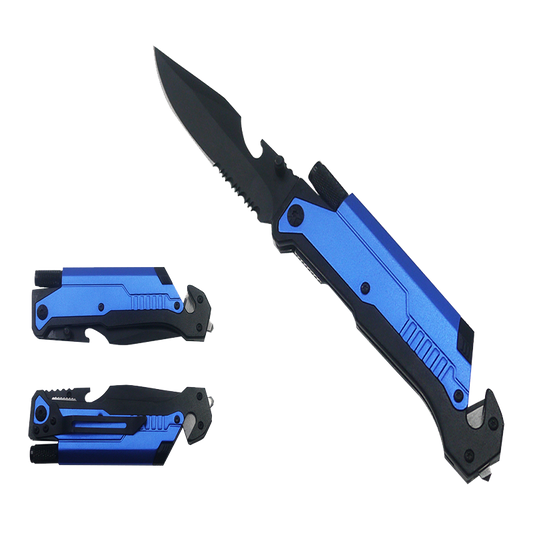 Pacific Solution multi-tool folding knife with flashlight and fire starter in blue and black design