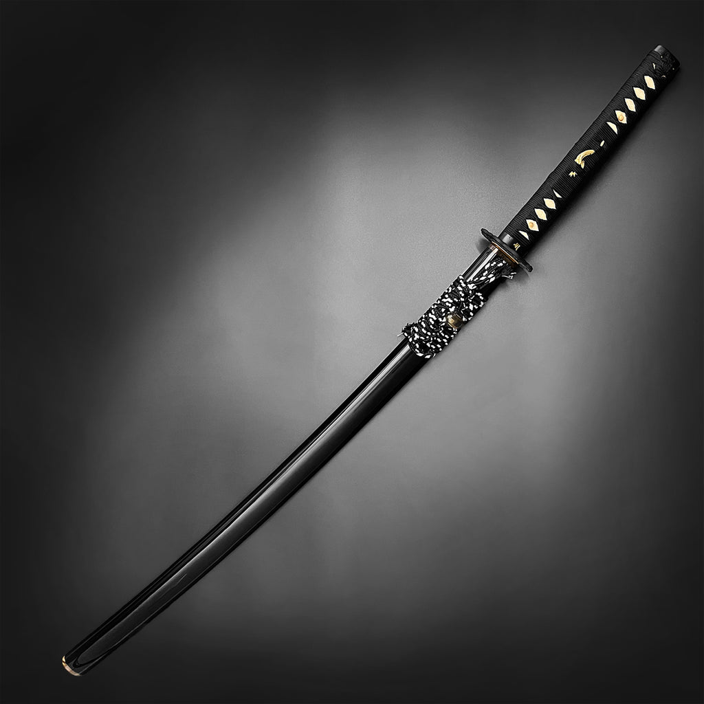 Musashi Katana for Sale featuring a sleek black blade and intricately designed handle