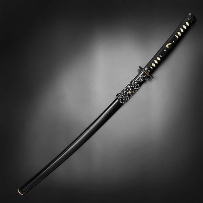 Musashi Katana for Sale featuring a sleek black blade and intricately designed handle