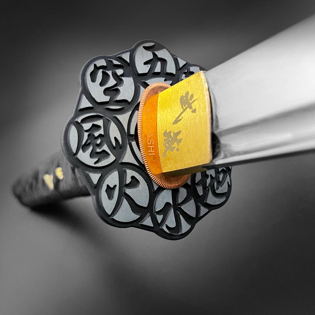 Close-up of the Musashi Katana for Sale featuring intricate tsuba and high-quality blade craftsmanship