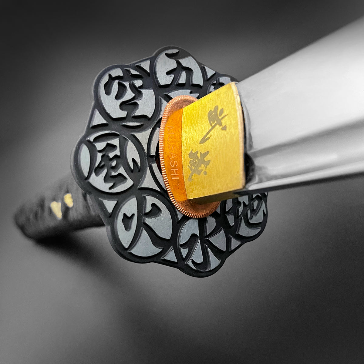 Close-up of the Musashi Katana for Sale featuring intricate tsuba and high-quality blade craftsmanship