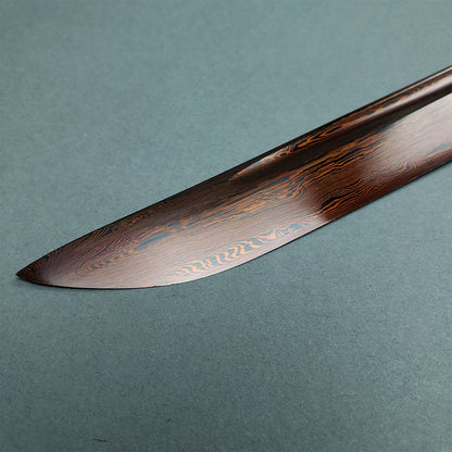 Musha Red Damascus Samurai Katana Sword with intricate, wavy blade design and polished finish