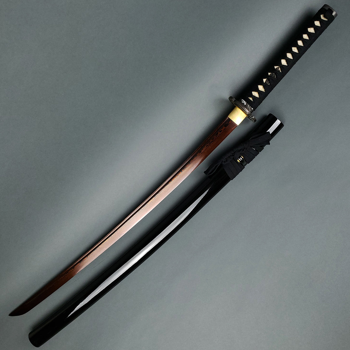 Musha Red Damascus Samurai Katana Sword with curved blade and elegant black scabbard