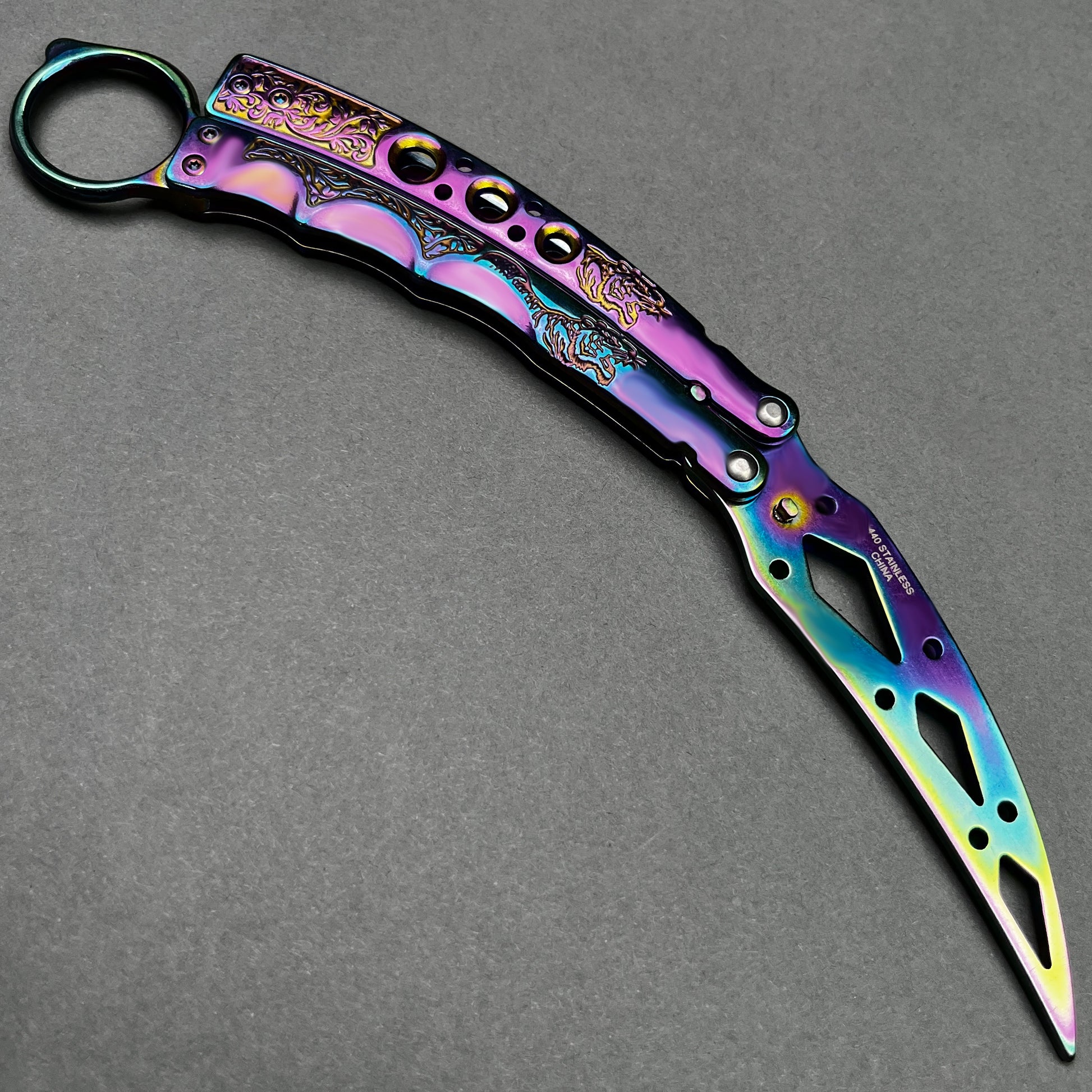 Rainbow Butterfly Trainer Balisong practice knife with sleek design for safe flipping and training
