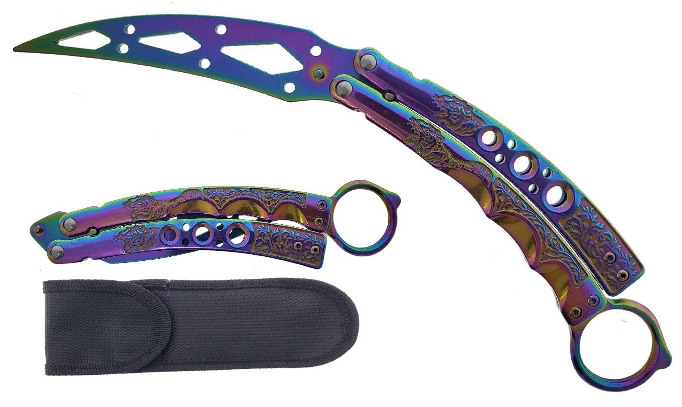 Rainbow Butterfly Trainer Balisong practice knife with artistic designs and protective sheath