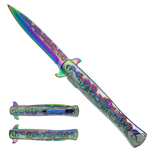 Falcon rainbow rose spring assisted EDC knife with a colorful rose design and sleek blade