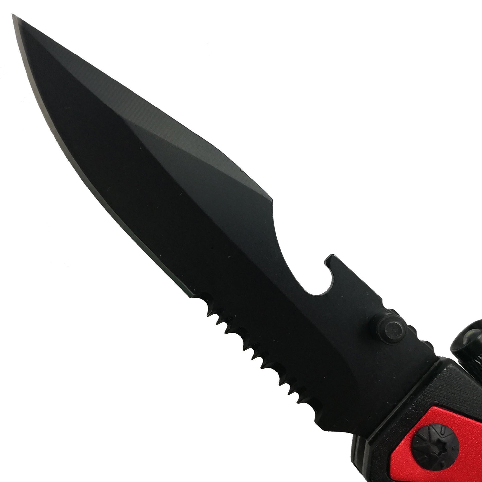 Pacific Solution Red Folding Knife with Flashlight, Cutter, Glass Breaker for versatile outdoor use