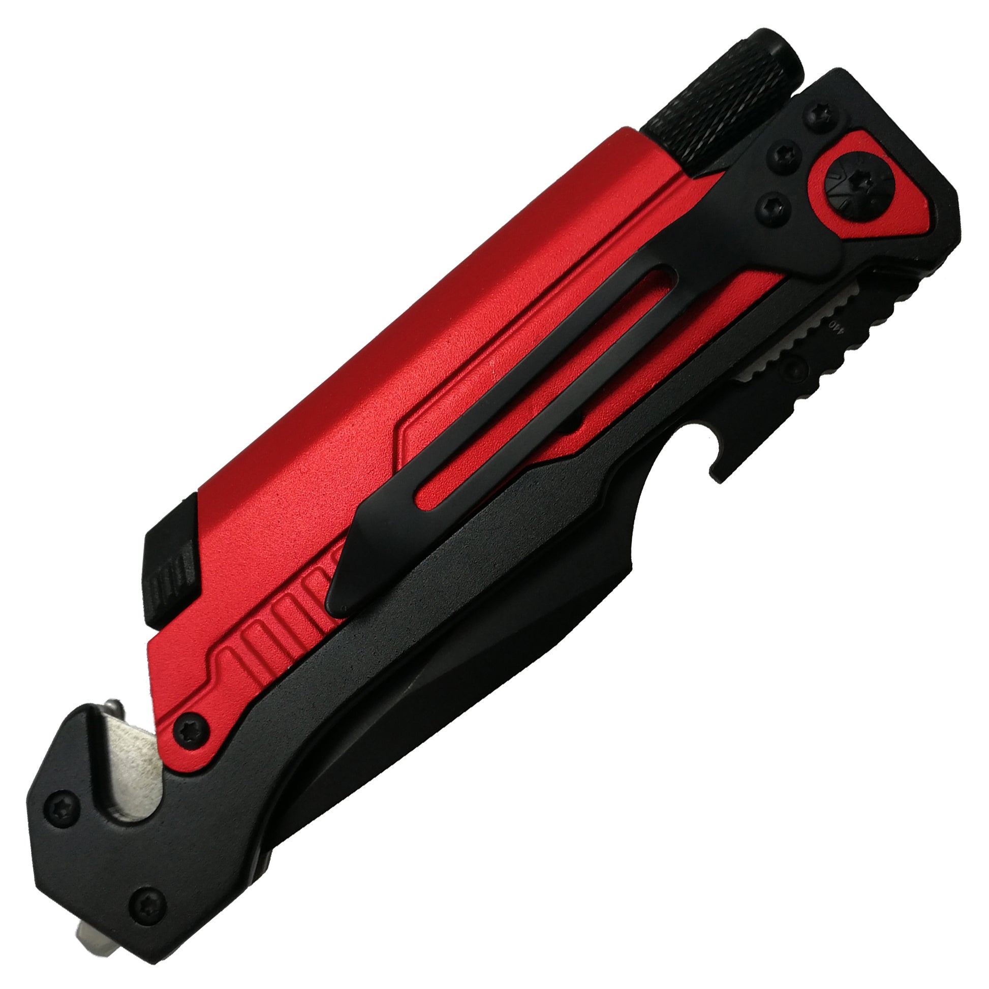 Red Folding Knife with Flashlight, Cutter, Glass Breaker for versatile emergency use