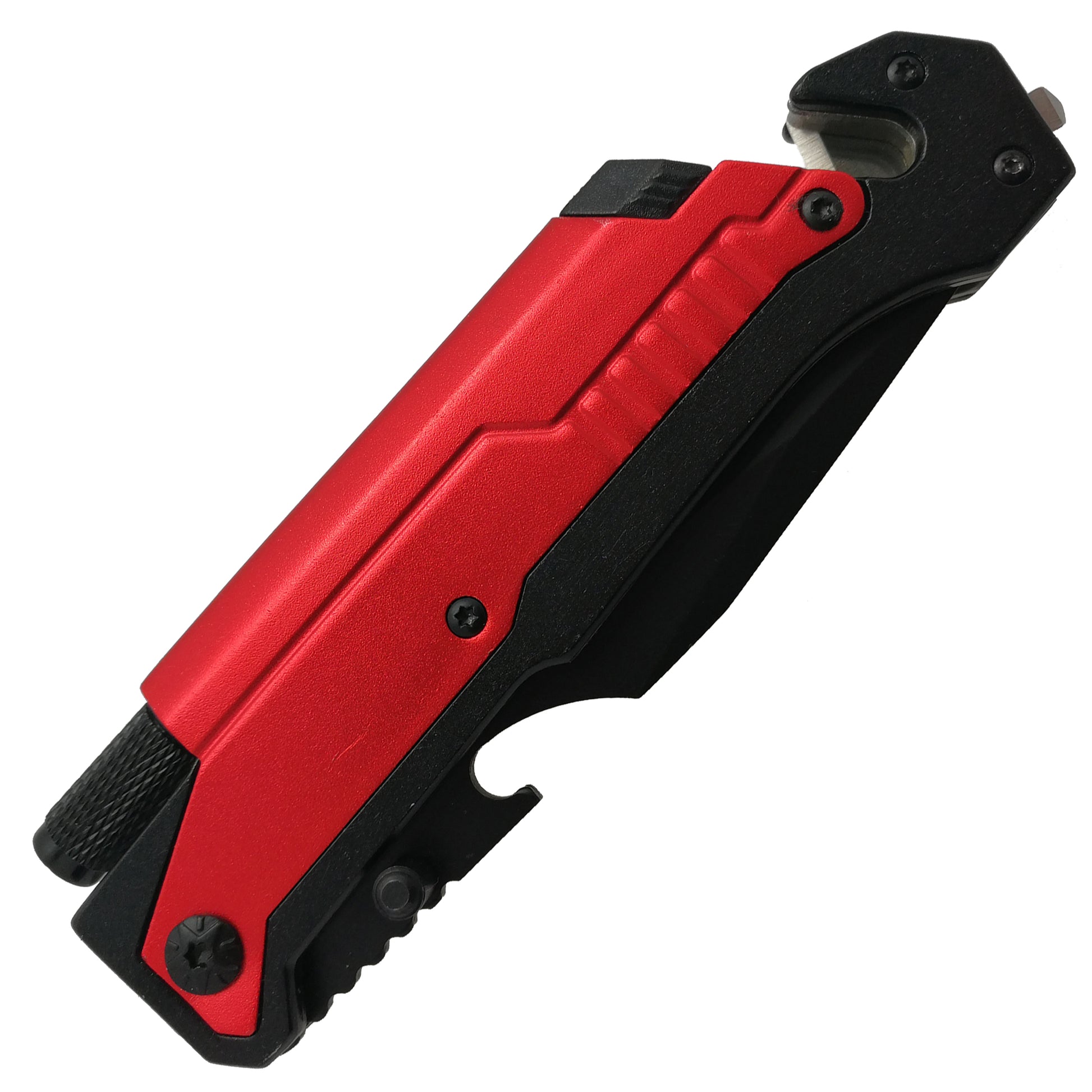 Red Folding Knife with Flashlight, Cutter, Glass Breaker featuring a durable design for safety and convenience
