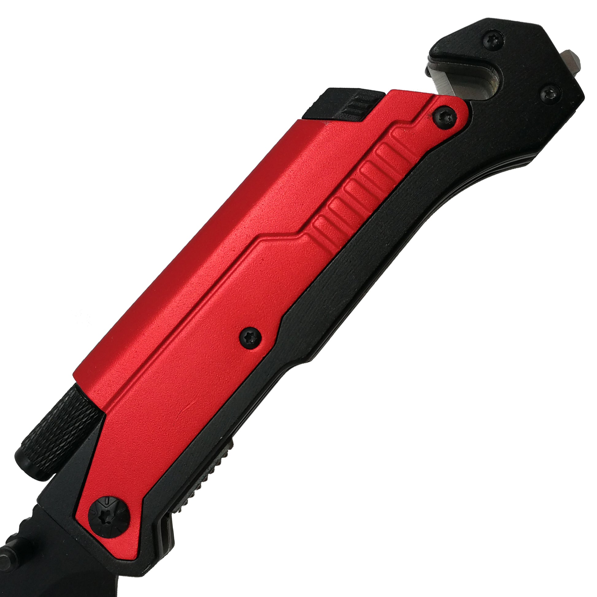 Red Folding Knife with Flashlight, Cutter, Glass Breaker featuring ergonomic handle design