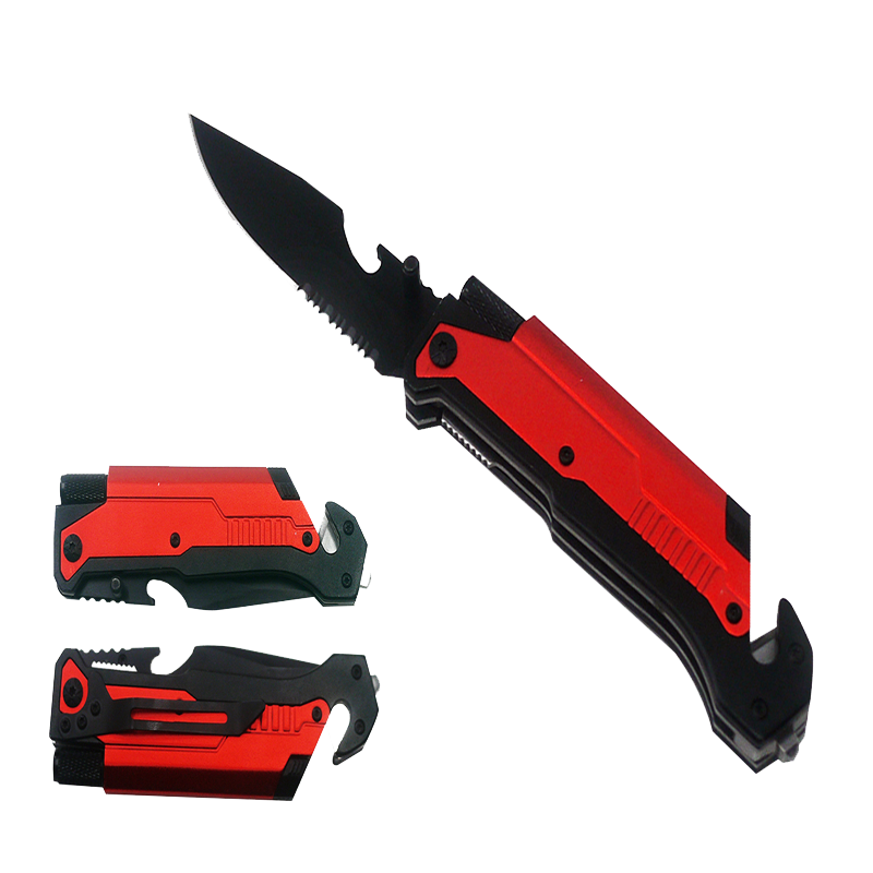 Pacific Solution Red Folding Knife with Flashlight, Cutter, Glass Breaker for emergency use