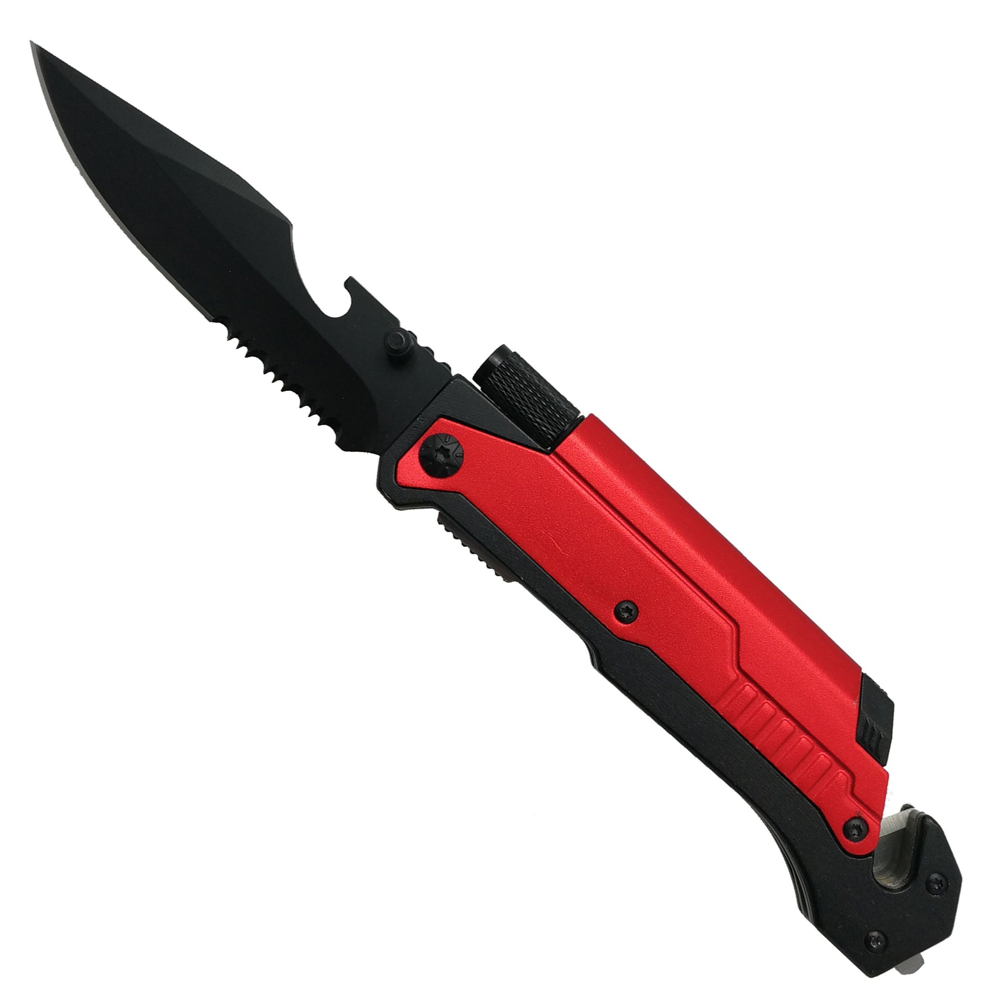 Red Folding Knife with Flashlight, Cutter, Glass Breaker features practical design for emergency situations