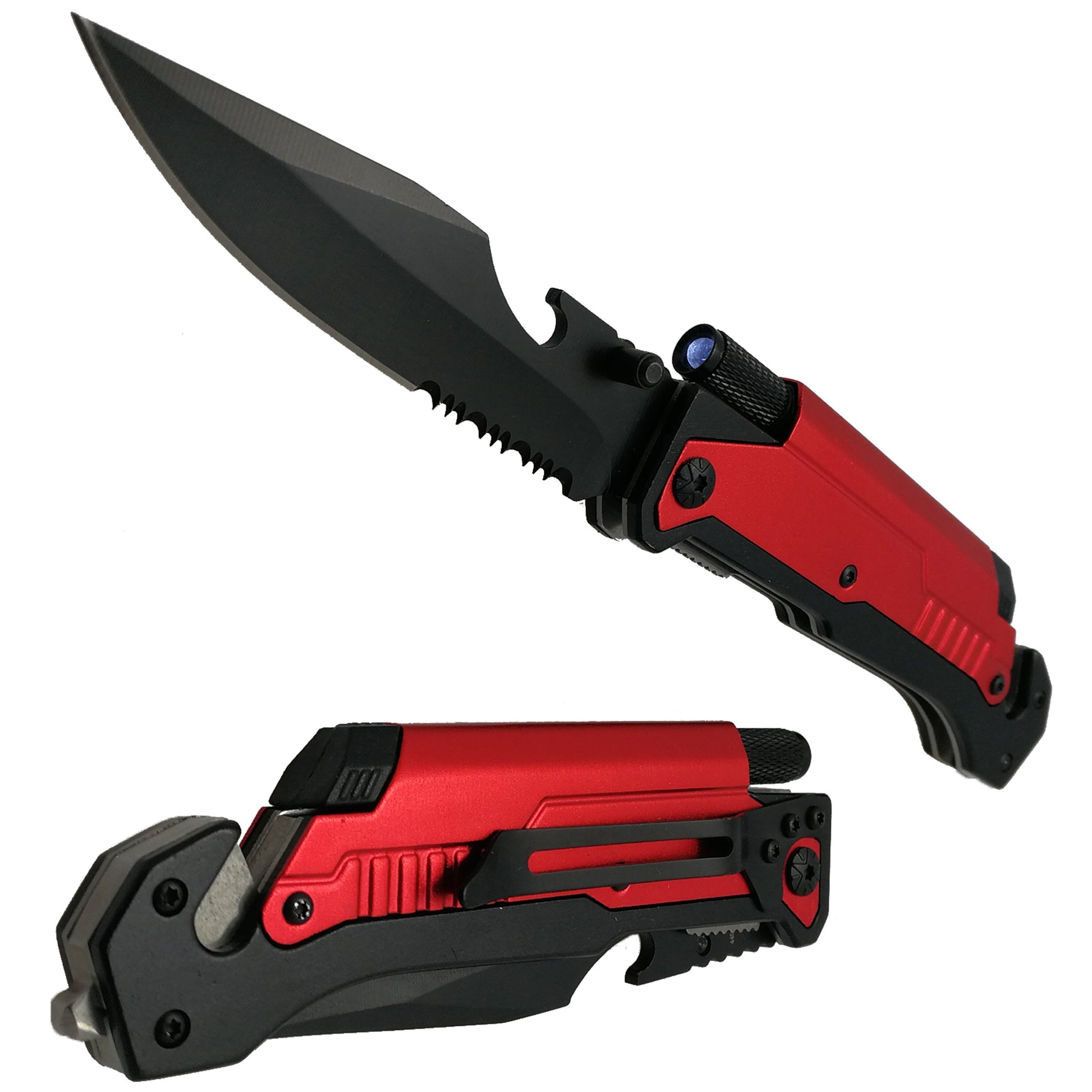 Pacific Solution Red Folding Knife with Flashlight, Cutter, Glass Breaker features a sleek design and versatile tools