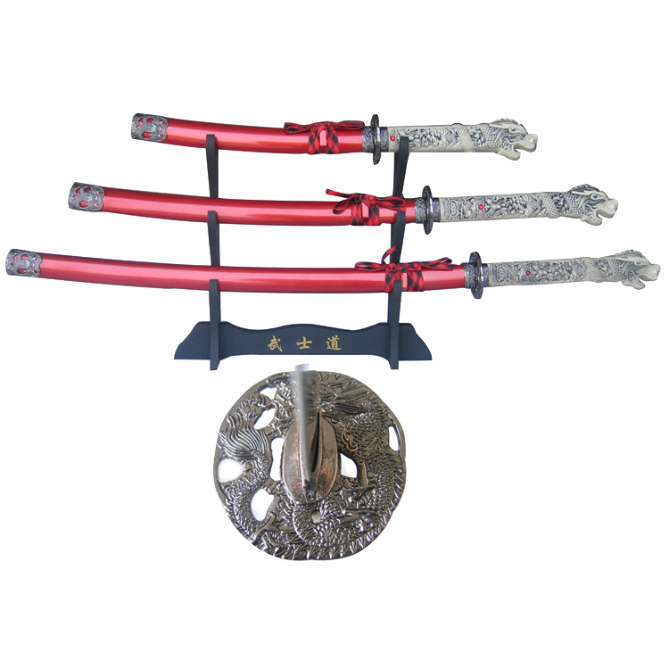 Highland Dragon Samurai Sword Set - 3 PCS Samurai Sword Set with Wood Stand