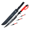 28" Red Machete w 3 Throwing Knives
