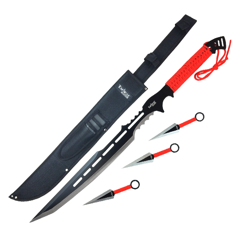 28" Red Machete w 3 Throwing Knives