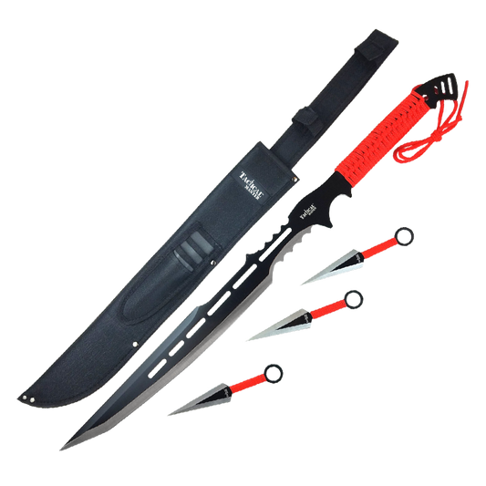 28" Red Machete w 3 Throwing Knives