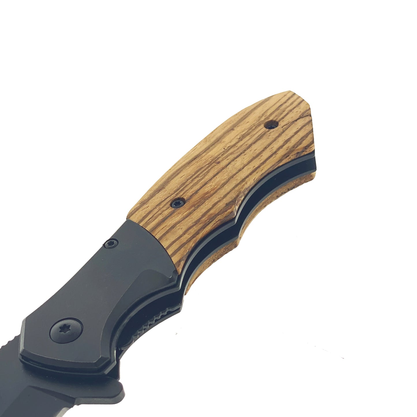 Close-up of Pacific Solution Spring Assisted Knife with Carbon Fiber & Wood Handle showing textured grip