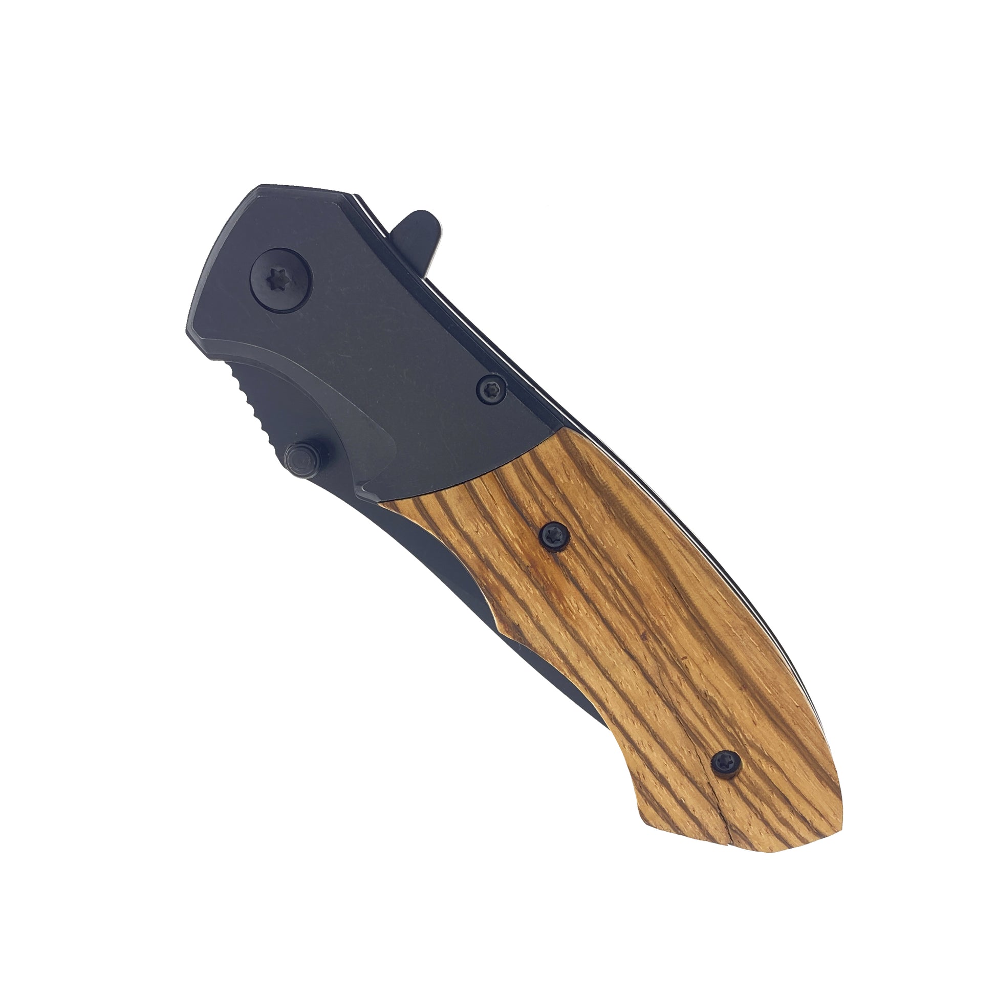 Spring Assisted Knife with Carbon Fiber & Wood Handle featuring a sleek design for easy grip and functionality