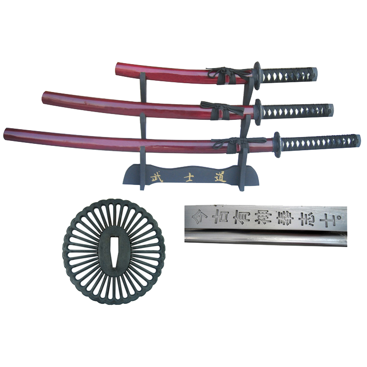 Burgundy 3 PCS Hand Forged Musha Samurai Sword Set w/ stand