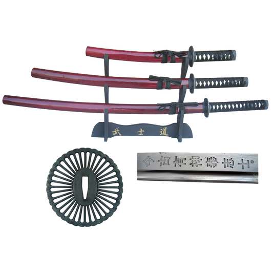 Burgundy 3 PCS Hand Forged Musha Samurai Sword Set w/ stand