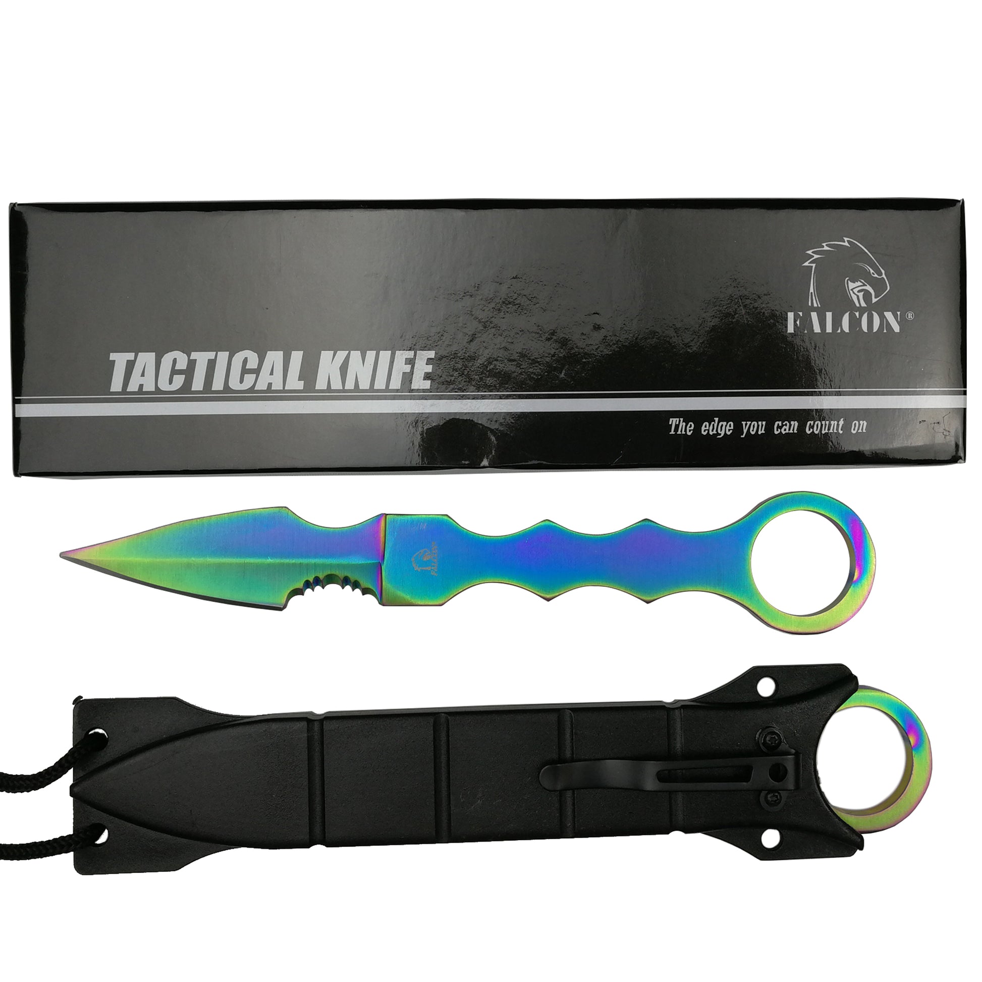 Wholesale Falcon Fixed Blade Rainbow Tactical Knife with ergonomic grip and protective sheath