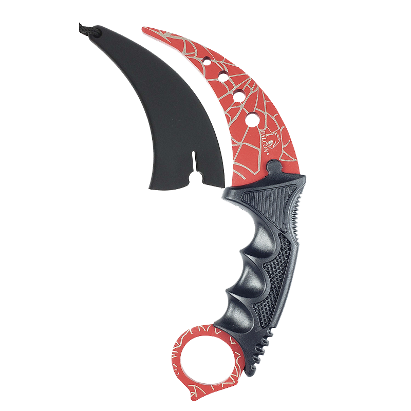 Wholesale Falcon Red Karambit Spider Web Training Knife with ergonomic grip and detailed design