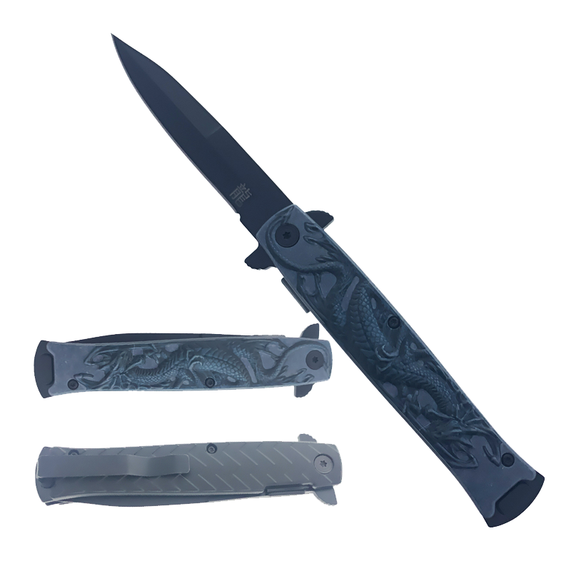 Wholesale Falcon stiletto spring assisted knives with dragon engraved handle and black blade