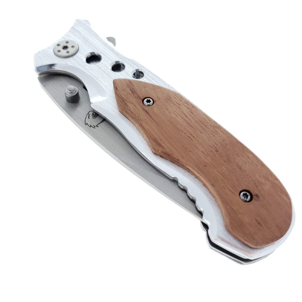 Wholesale Falcon Wood Handle Pocket Knife for Retailers featuring a sleek design and spring-assisted opening