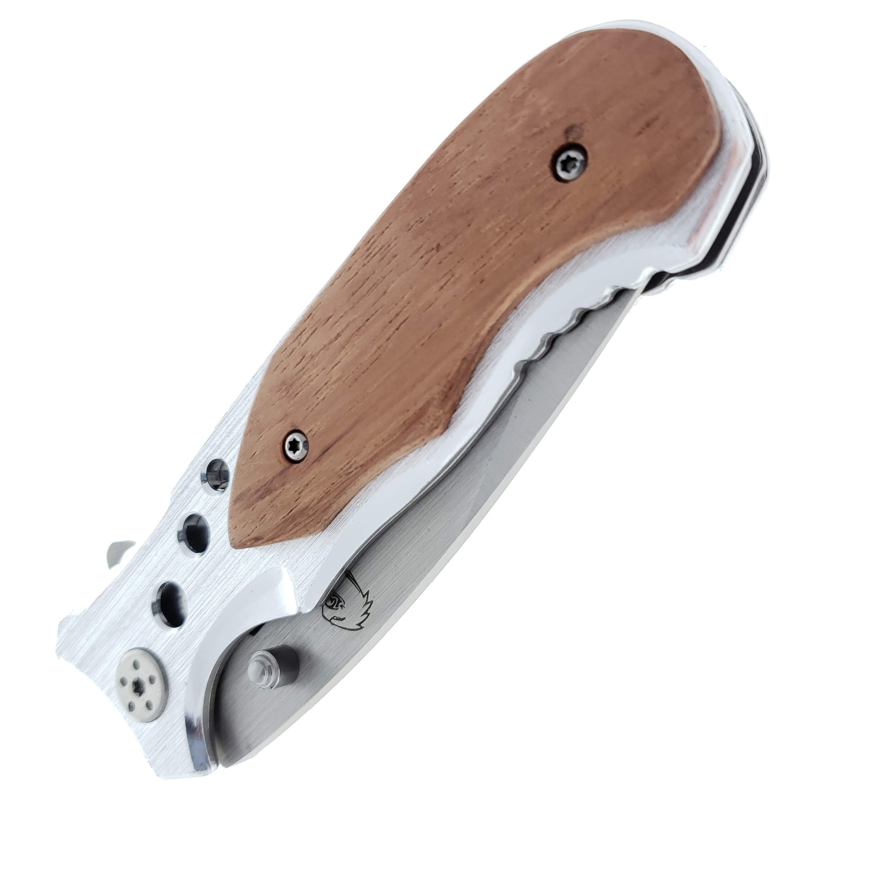 Wholesale Falcon Wood Handle Pocket Knife for Retailers featuring a sleek design and spring-assisted opening