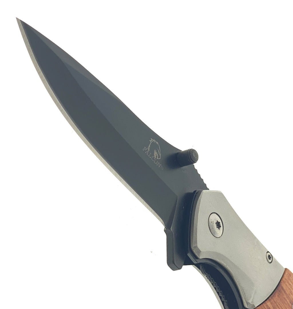 Wholesale Falcon Wooden Handle Spring Assisted Knife with sleek blade and sturdy design for easy use