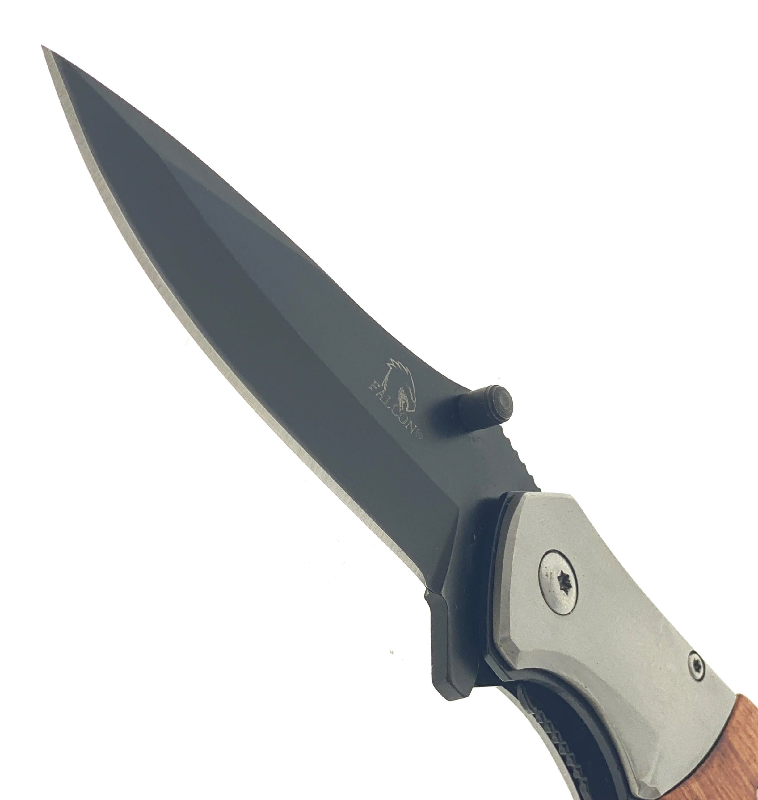 Wholesale Falcon Wooden Handle Spring Assisted Knife with sleek blade and sturdy design for easy use