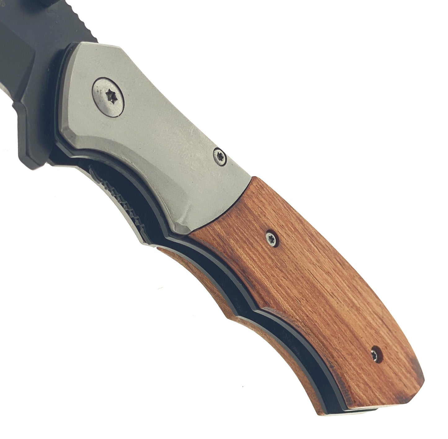 Close-up of the Wholesale Falcon Wooden Handle Spring Assisted Knife showcasing its ergonomic design